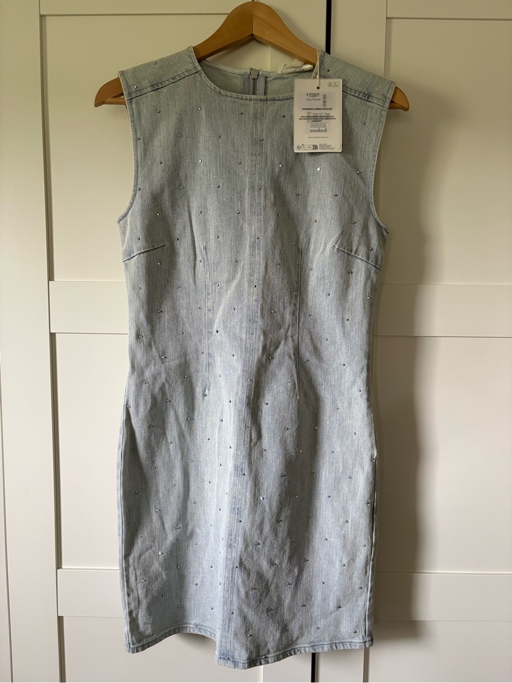 Sleeveless Light Blue Embellished Denim Sheath Dress